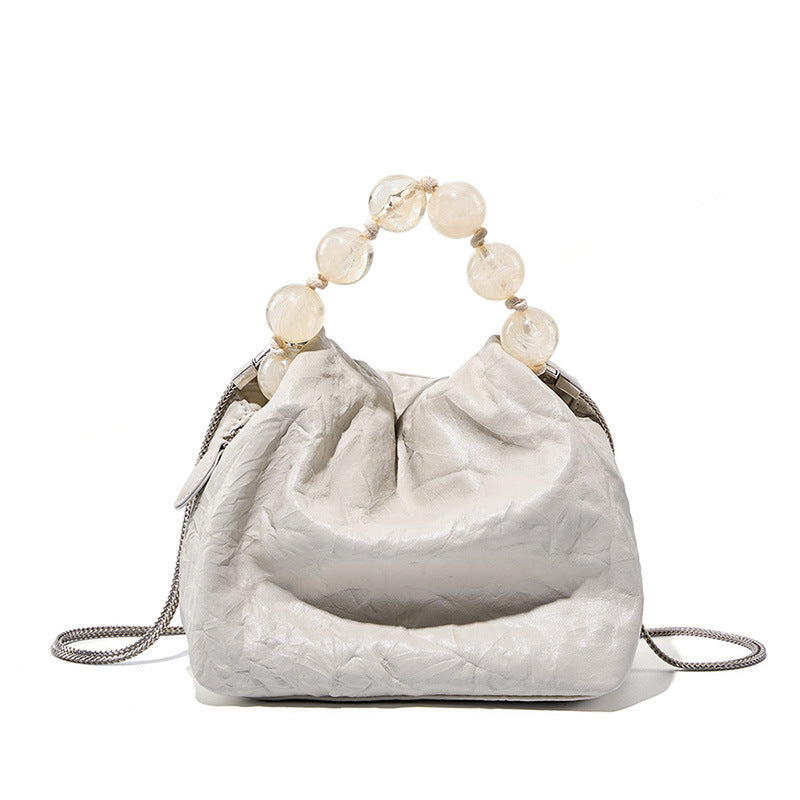 2025 First layer leather women's bag beaded handbag bag popular new new Chinese bead bag characteristic hand-scratched lunch box bag