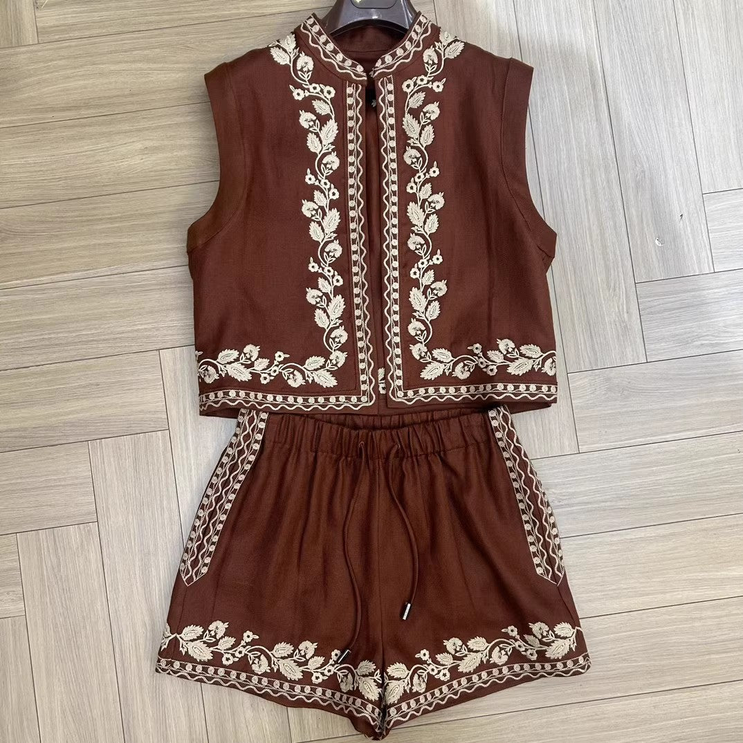 2025 popular summer new exquisite embroidered imitation linen vest elastic waist shorts set summer breath versatile casual