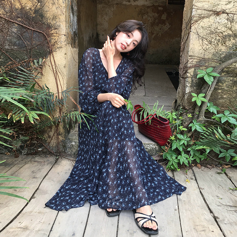 2025 Spring New Temperament Printed Retro High Waist Long Sleeve Skinny Dress 88202