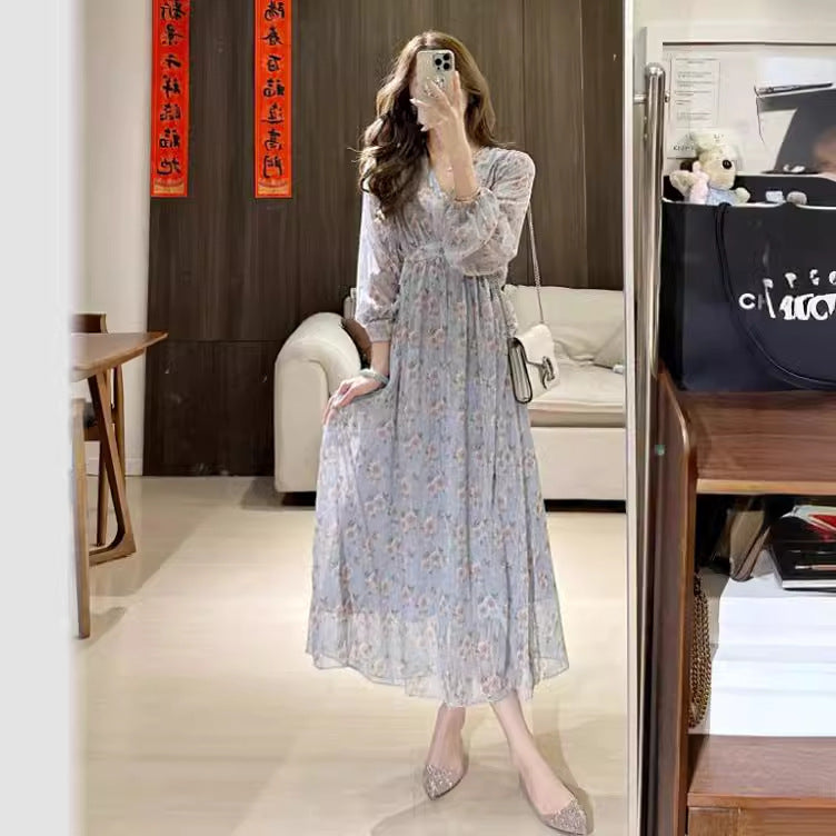 2025 early spring new gentle floral waist and thin long-sleeved collar loose lace-up medium and long dress