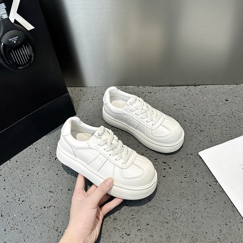 2025 Leather little white shoes women's spring fashion versatile thick-soled heightening soft bread shoes lace-up casual sports shoes tide