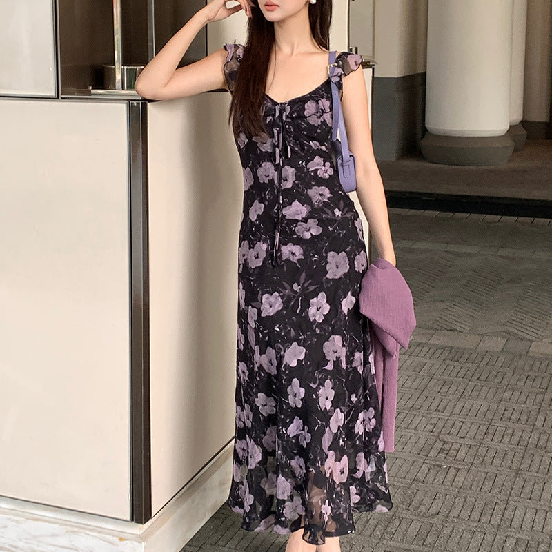 2025 Thirteen Lines Spring New Retro Temperament Printing Pure Desire High Waist Suspender Dress Women 88250
