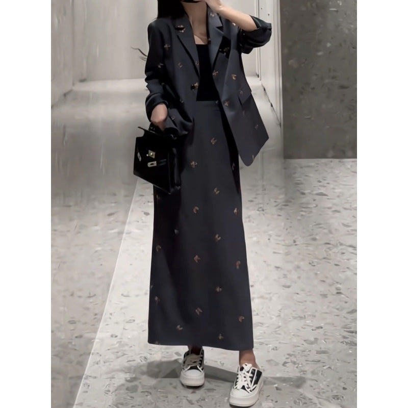 2025 autumn new temperament high-end blazer women's clothing high waist thin skirt top three-piece women's clothing
