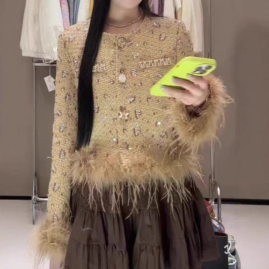 2025 popular new sequined thickened down jacket small fragrant jacket splicing ostrich hair celebrity noble top women's cardigan