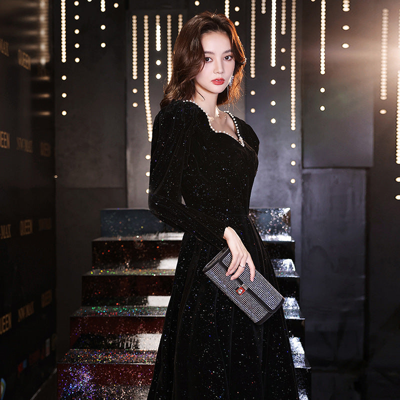 2025 Black evening dress dress, female banquet temperament, light luxury, niche, high-end art examination performance, Hepburn host, high sense