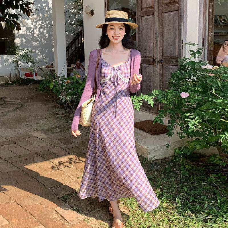 2025 spring new Korean version high waist suspender dress plaid pure desire vacation skirt women 88188