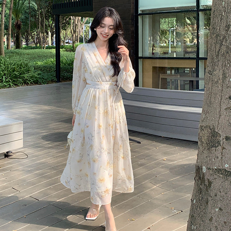 2025 spring new temperament print hollow high waist long sleeve thin dress 88189