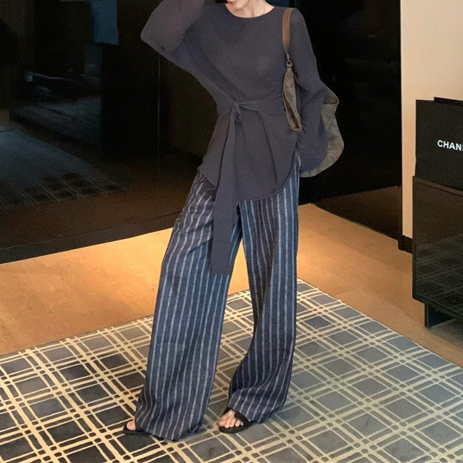 2025 Spot gray lazy style long-sleeved knitted top loose and thin striped wide-leg pants casual pants set