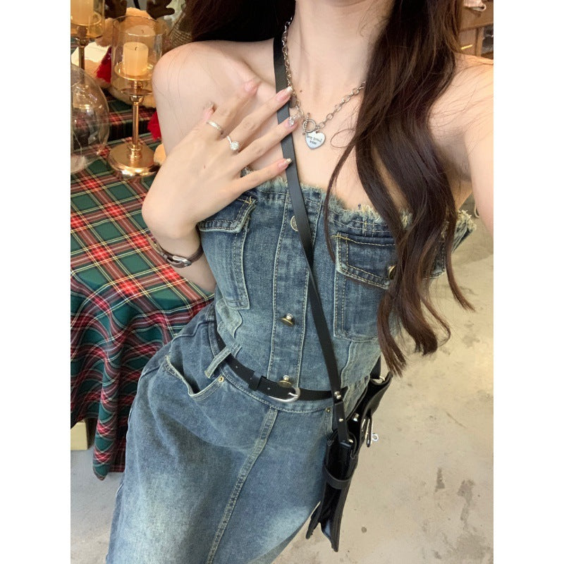 2025 Retro Hong Kong style tube top suspender denim dress women's summer niche design Spice girl medium and long waist long skirt