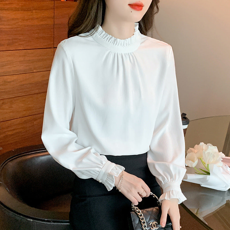 White shirt women's 2025 spring and autumn clothes, new OL commuter fungus edge stacked wear long-sleeved chiffon shirt top tide