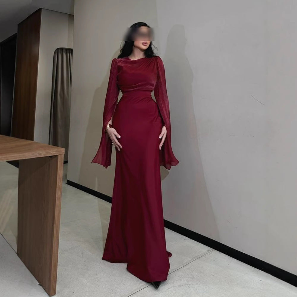 2025 popular autumn and winter New Popular trade women's clothing independent station ebay Middle East hip-wrapped satin bright yarn evening dress