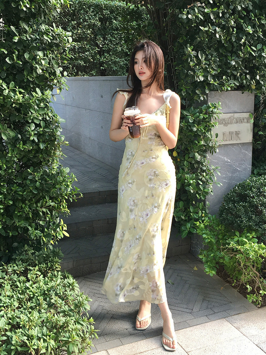 2025 Thirteen Lines Spring New Retro Temperament Printing Pure Desire High Waist Suspender Dress Women 88250