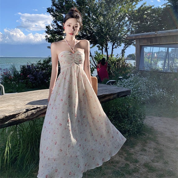 2025 Sweet and fresh floral suspender dress female temperament celebrity design sense super fairy vacation style neck dress