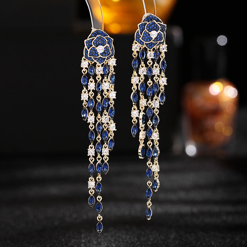 2025 2025 earrings, heavy industry color zirconium flower earrings 925 silver needle long tassel temperament dinner camellia earrings women