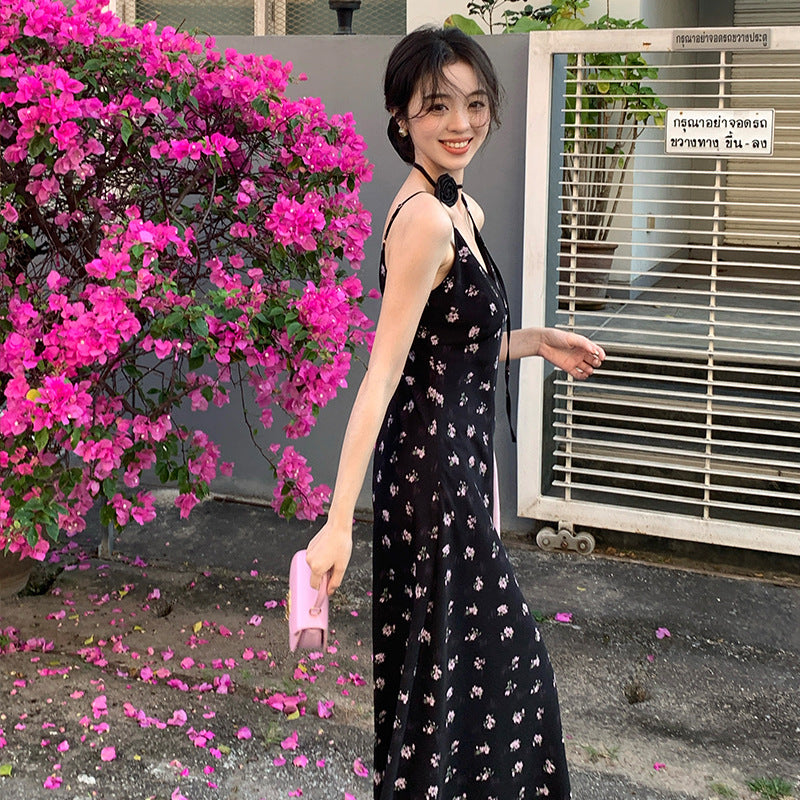2025 Spring New Vintage High Waist Suspender Dress Sub-print Pure Desire Vacation Dress Women 88201