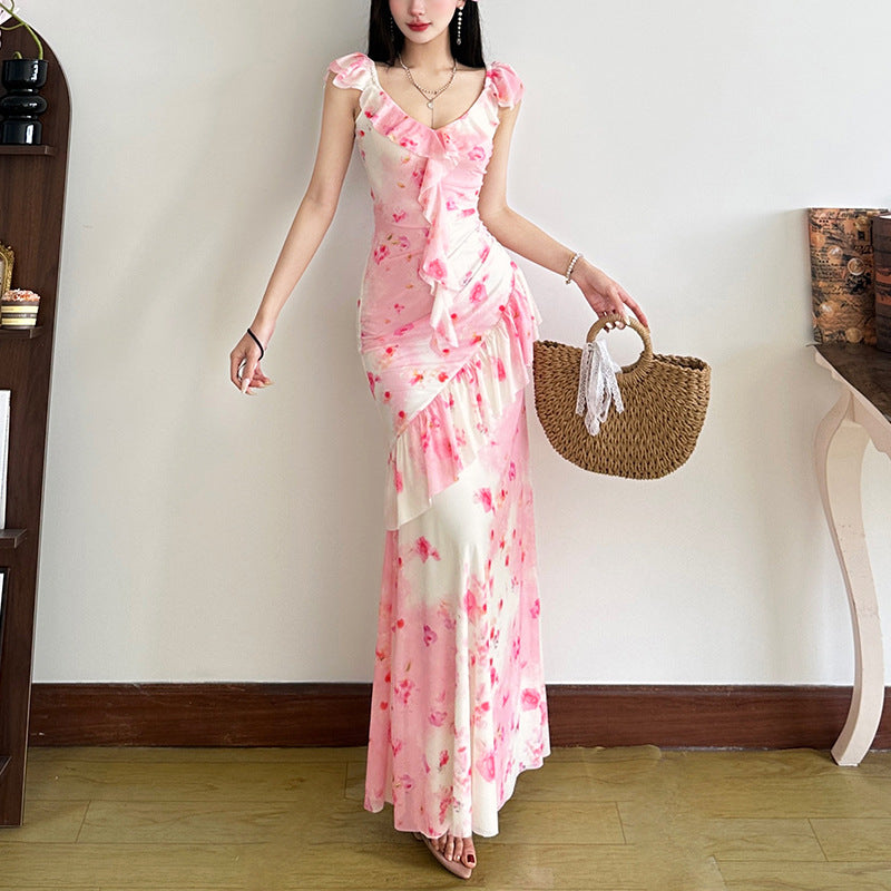 2025 style 2025 spring new women's clothing romantic lotus leaf edge waist thin pink floral dress