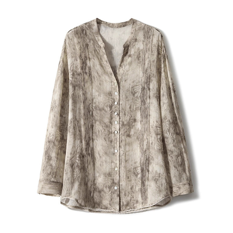 2025 High-end ramie lyocell fiber shirt, light and elegant printed V-neck ink shirt top, spring women's clothing