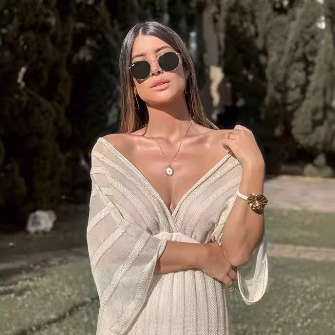 Popular trade new women's dress wish white V-neck shawl sleeve dress