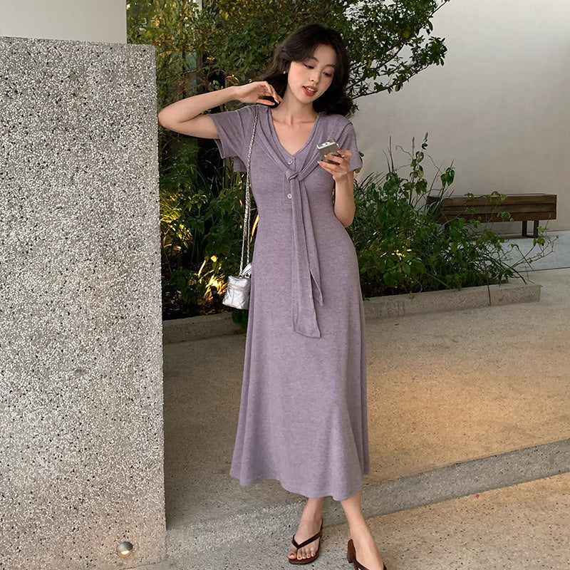 2025 spring new Korean version high waist shawl design short sleeve knitted dress children 88251