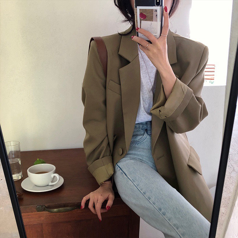 Green small suit women's 2025 spring and autumn new Korean version loose casual temperament small suit jacket top Dongdaemun