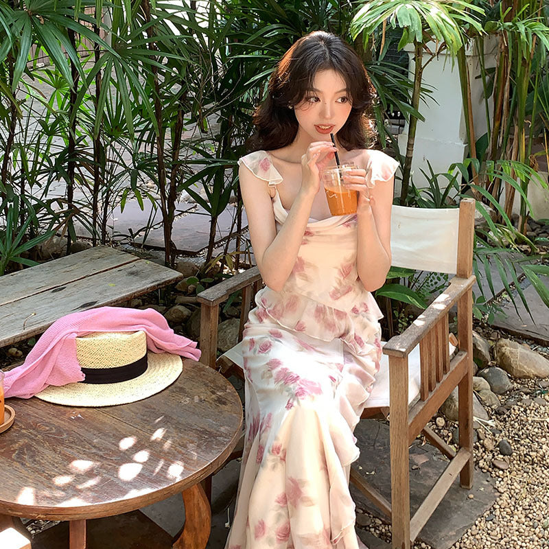 2025 spring and summer new Korean version high waist suspender dress printed pure desire vacation skirt women 88195