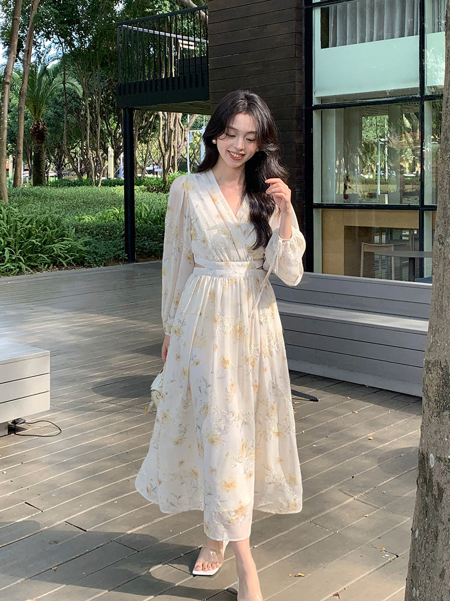 2025 spring new temperament print hollow high waist long sleeve thin dress 88189