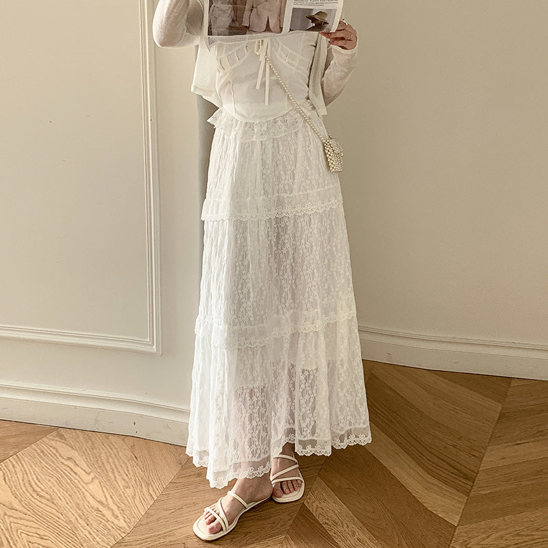 White lace skirt 2025 new design sense embroidered princess tutu skirt casual cake long skirt women's Popular trade