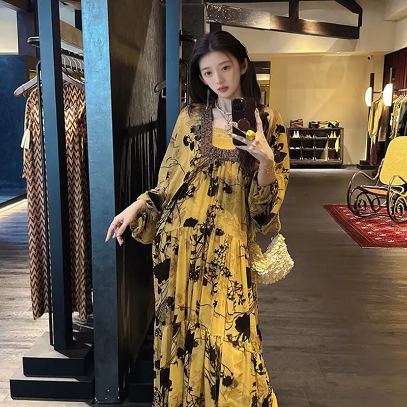 National Style New Chinese Fashion Lantern Sleeve Square Neck Long Dress Spring and Summer 2025 New Heavy Industry Burning Dress N3052
