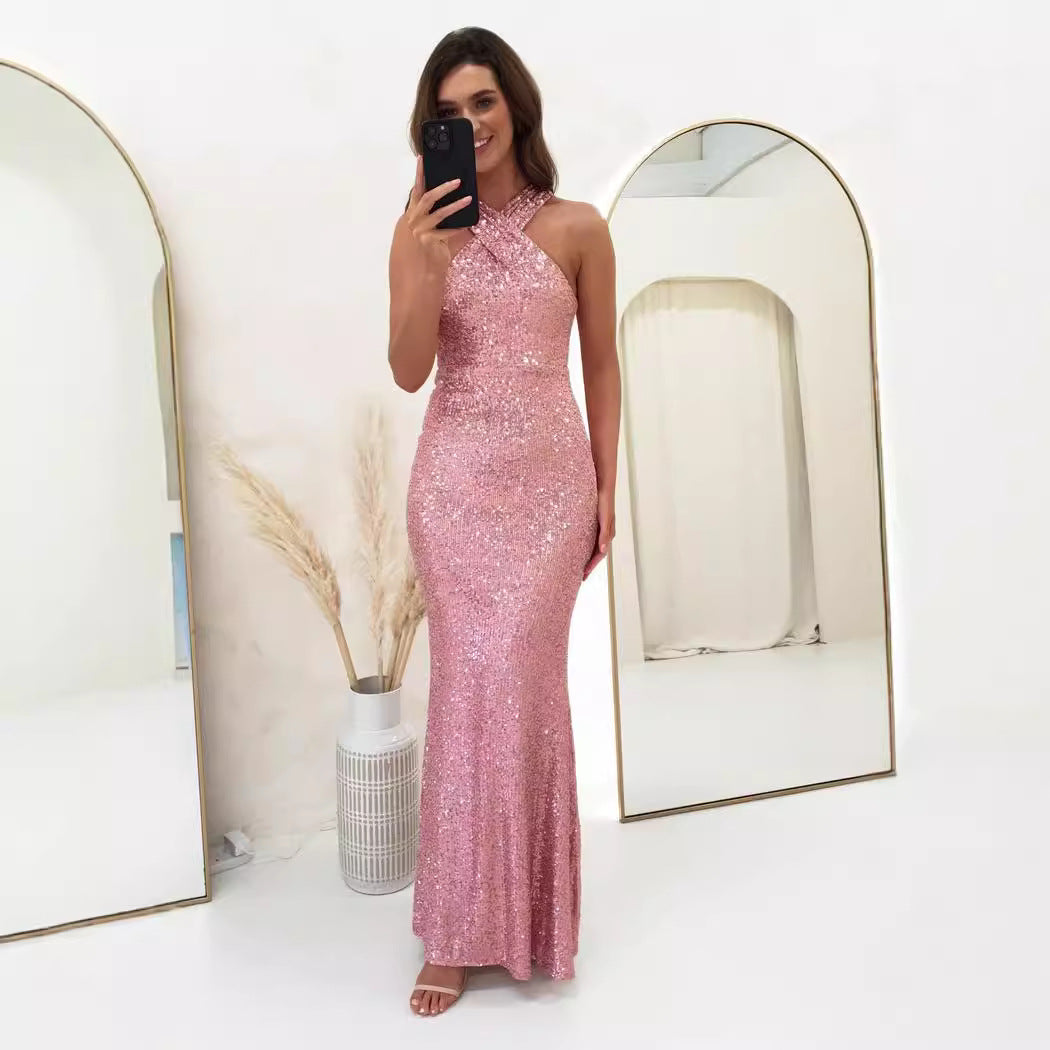 2025 New dress summer fashion sequins hanging neck sexy hip wrap elegant dress dress (5 colors)
