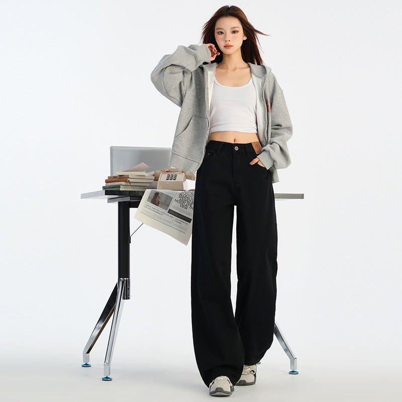 2025 Meixuan n high street black straight jeans women's autumn and winter high waist loose and thin wide-leg pants wholesale