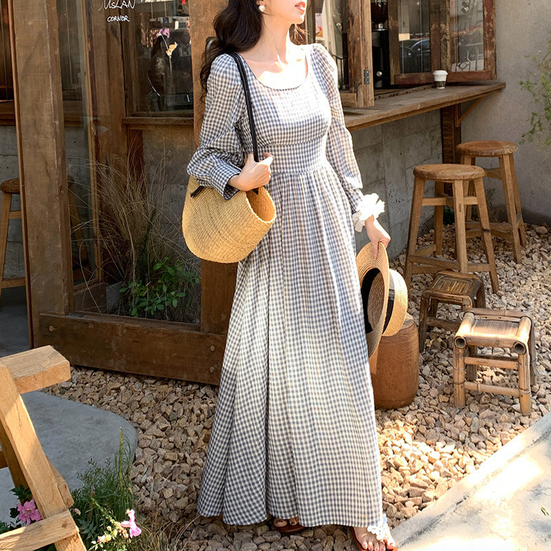 2025 Spring New Temperament Plaid Retro High Waist Long Sleeve Skinny Dress 88220