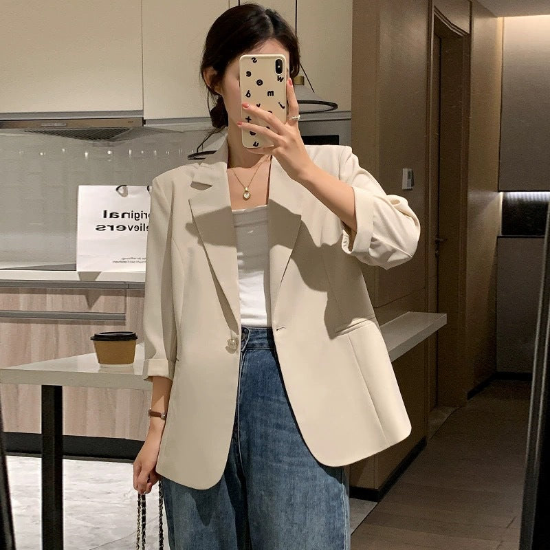 Beige blazer women's small short 2025 spring and summer new Korean version of high-end seven-quarter sleeve thin suit