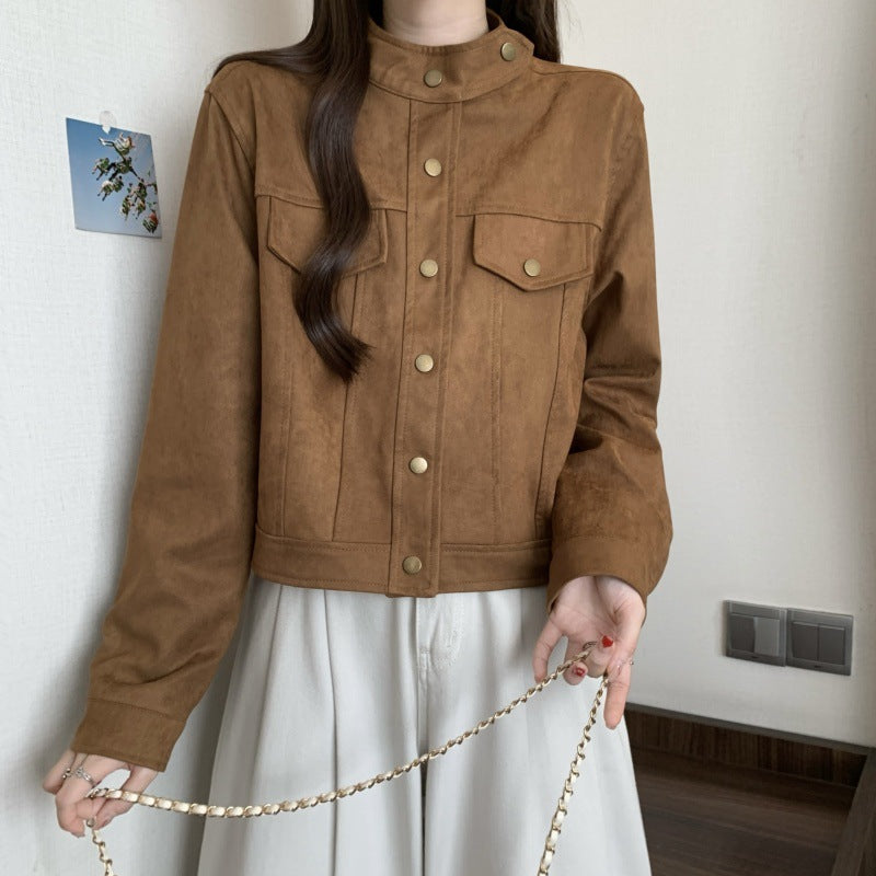 Large size 2025 spring clothing new Korean version design sense deerskin velvet loose and thin short long-sleeved jacket jacket women