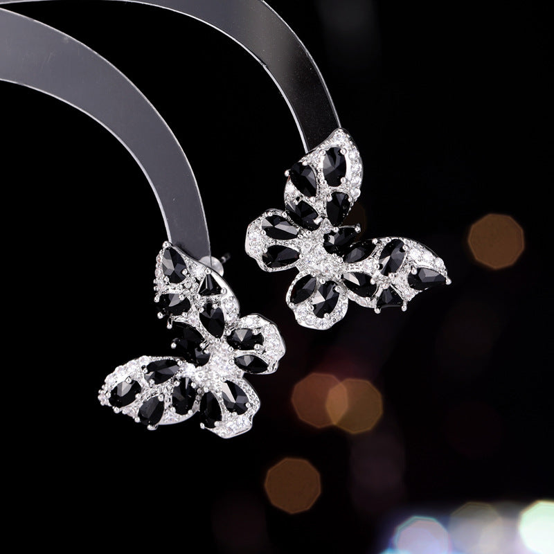 2025 New niche temperament high-end earrings wholesale fashion full diamond color zircon inlaid retro style butterfly stud earrings