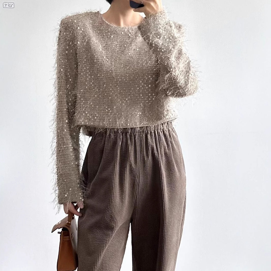2025 Spot premium sequined fringed shirt women's popular spring new pullover design versatile top trendy