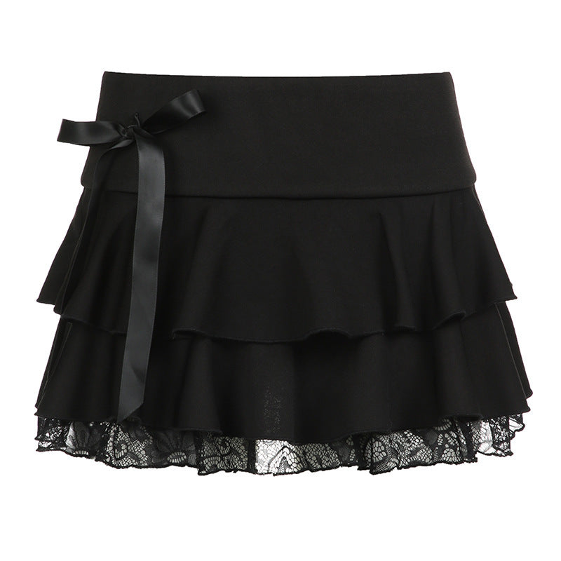 ANTMVSDark Wind Bow Element Lace Splicing Skirt Sexy Low Waist Skinny Spice Girl Skirt Tucker Skirt
