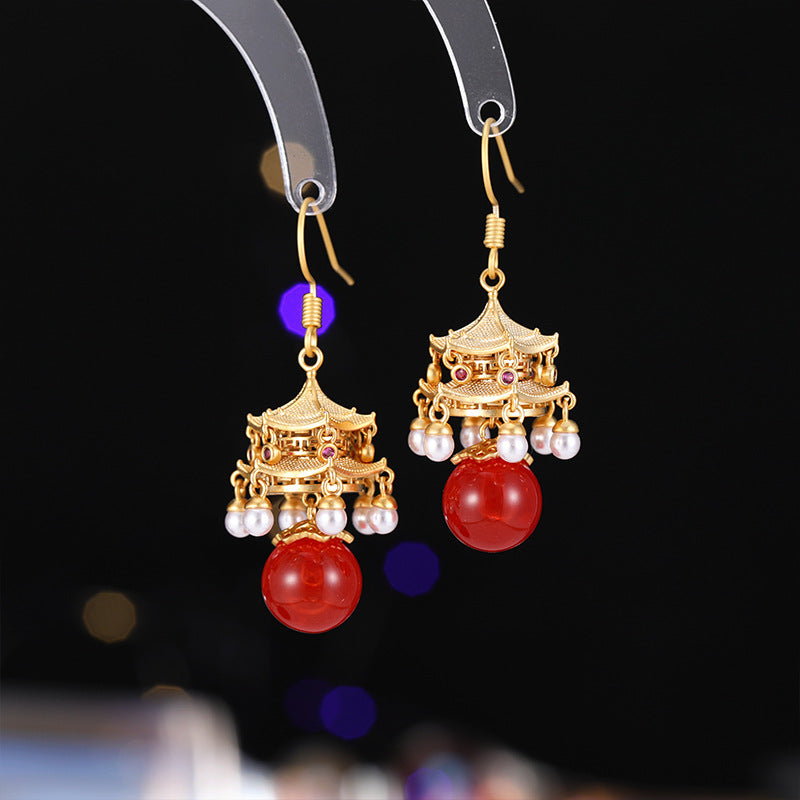 2025 New high-end agate pearl fringed antique earrings New Chinese high-end pavilion palace lamp court style earrings