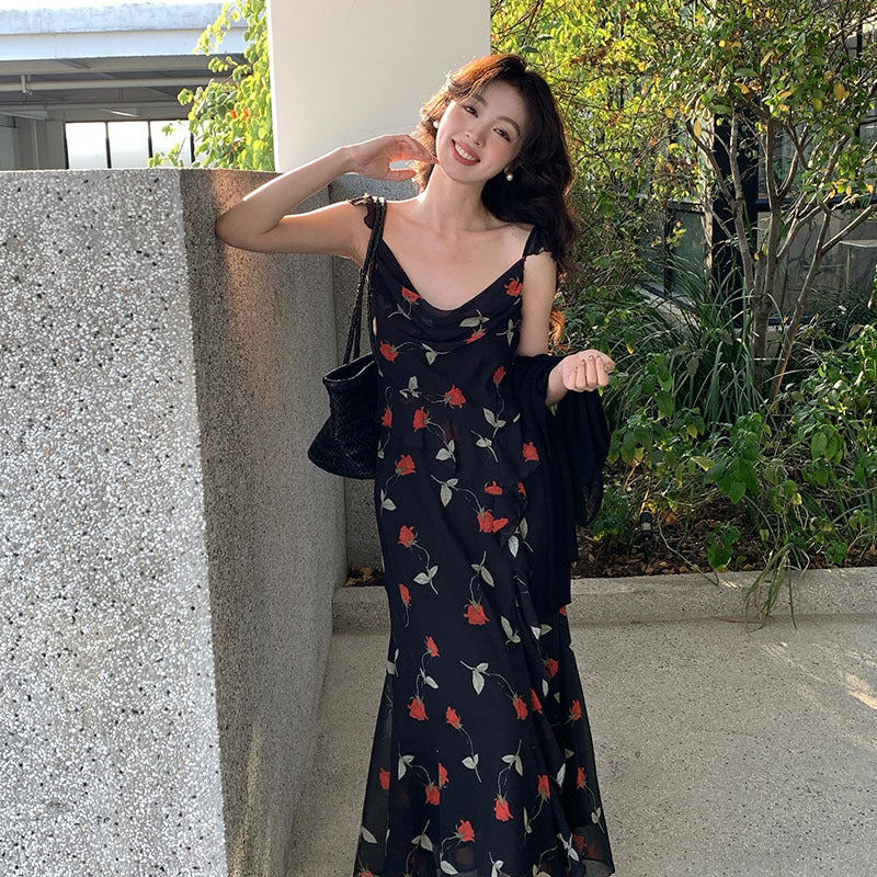 2025 spring and summer new Korean version high waist suspender dress printed pure desire vacation skirt women 88195
