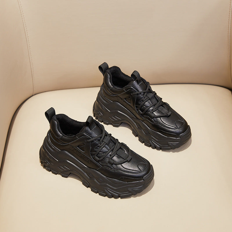 2025 Daddy shoes women's shoes ins tide 2021 popular autumn and winter new thick-soled leather velvet sports and leisure shoes women