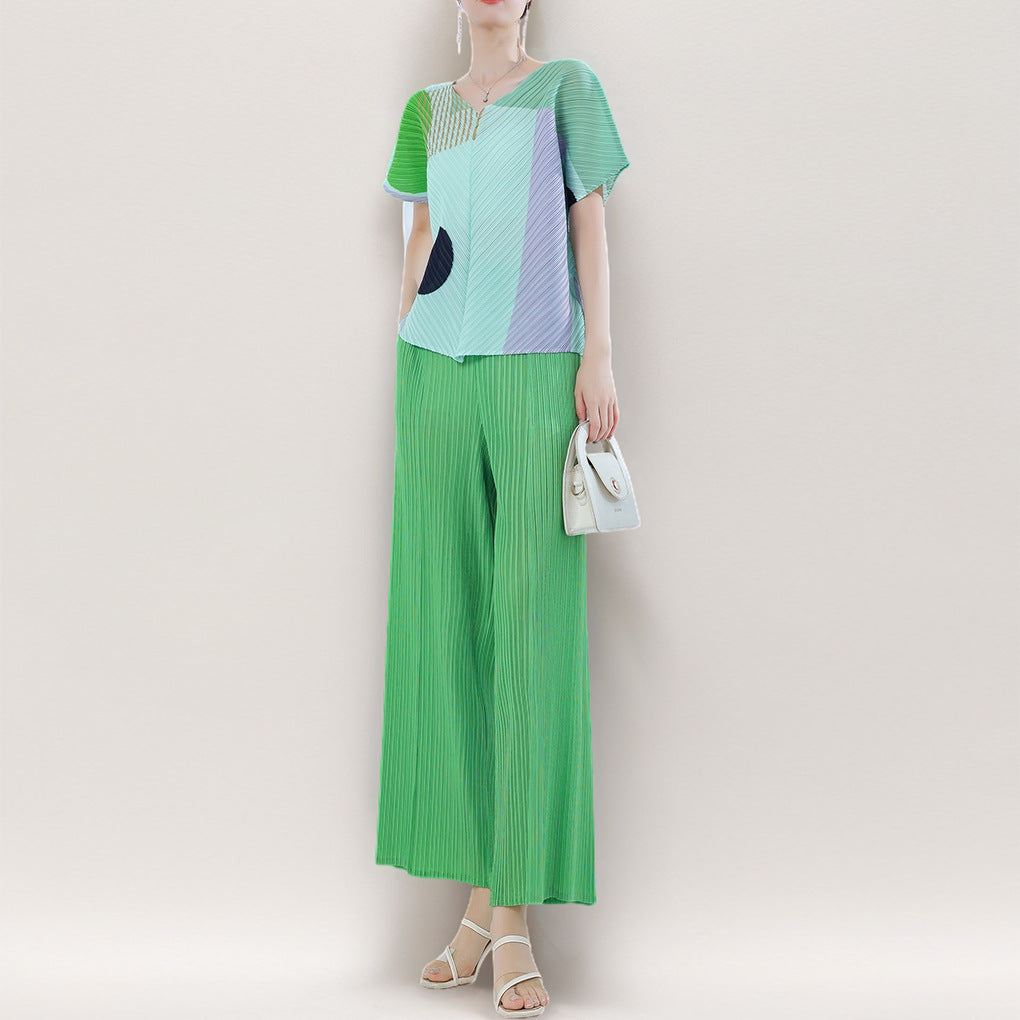 2025 Fashion suit women's high-end summer printing bat sleeve short-sleeved T-shirt casual straight-leg pants two-piece set