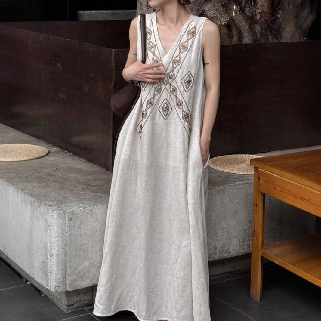 Designer Tencel linen retro national heavy industry special machine bead embroidery dress