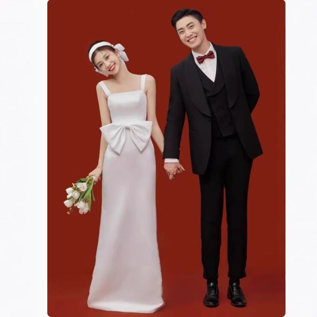 2025 Photo studio photo theme clothing light wedding dress small dress suspender satin bow going out yarn dress spring