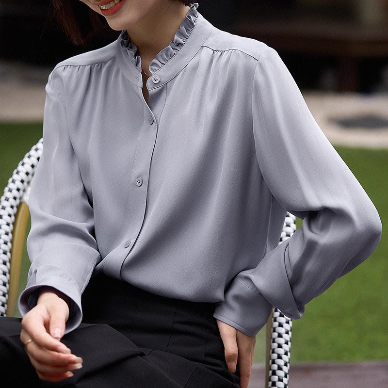 2025 Petal collar silk shirt, high-end mulberry silk spring Hangzhou women's clothing, women's shirt gray-black top