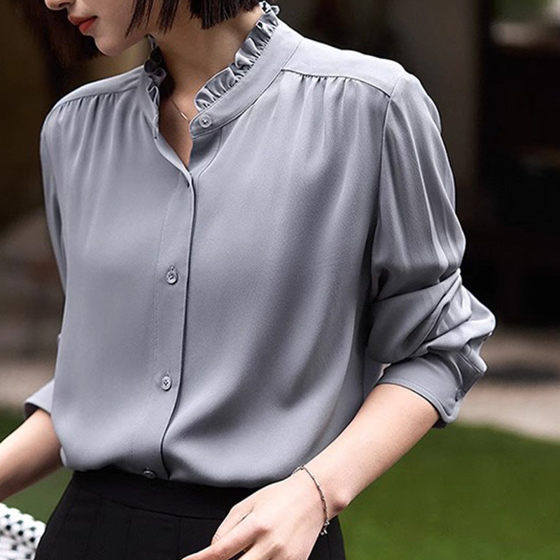2025 Petal collar silk shirt, high-end mulberry silk spring Hangzhou women's clothing, women's shirt gray-black top