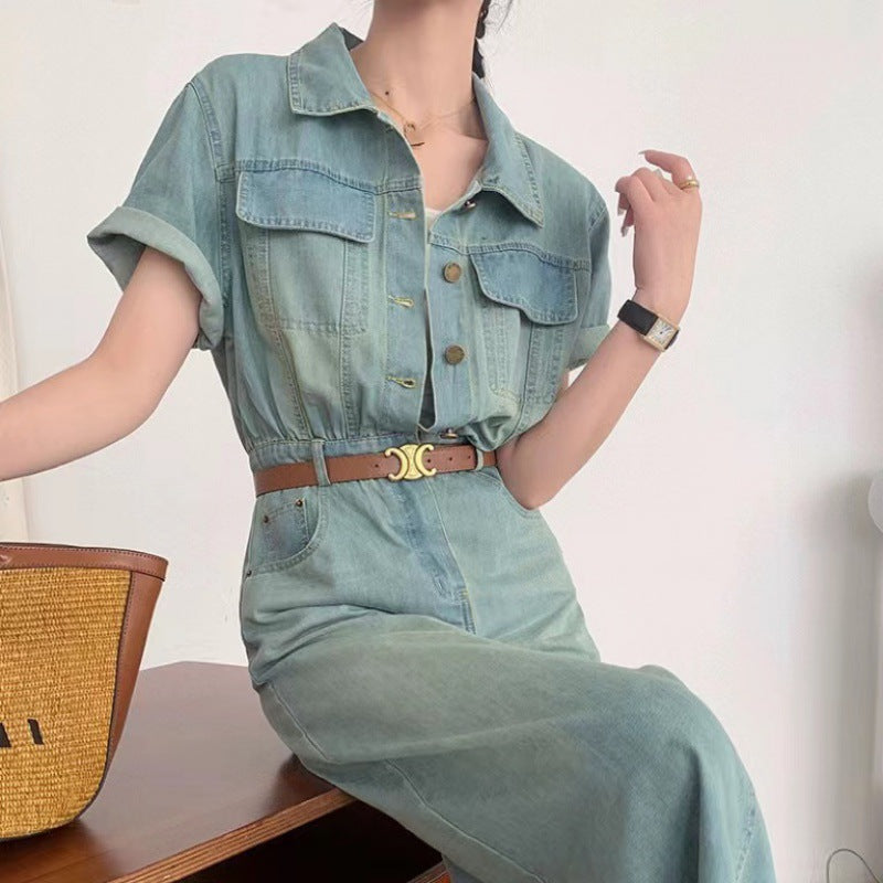 2025 Popularan Station retro washed short-sleeved denim dress women's summer new waist and thin long skirt