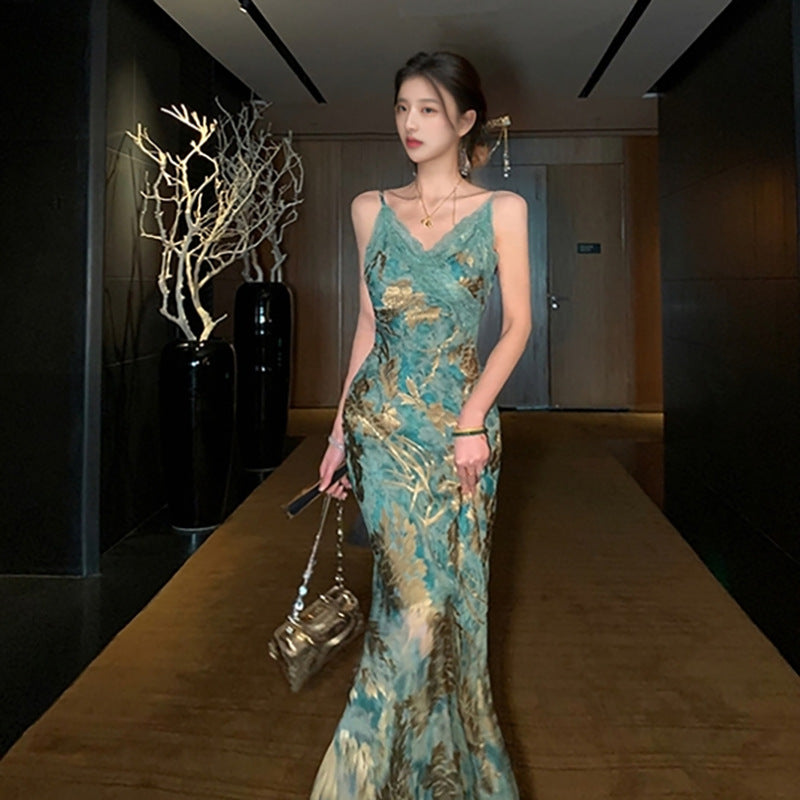 National Style New Chinese Light Luxury Temperament Printed Dress 2025 Summer Slim Sexy Suspender Dress Women N3076