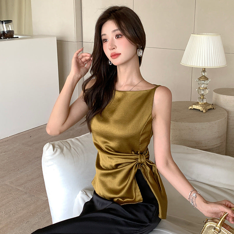 2025 summer temperament heavy industry jacquard woven three-dimensional strips satin texture kinked satin sleeveless vest top