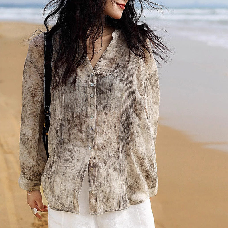 2025 High-end ramie lyocell fiber shirt, light and elegant printed V-neck ink shirt top, spring women's clothing