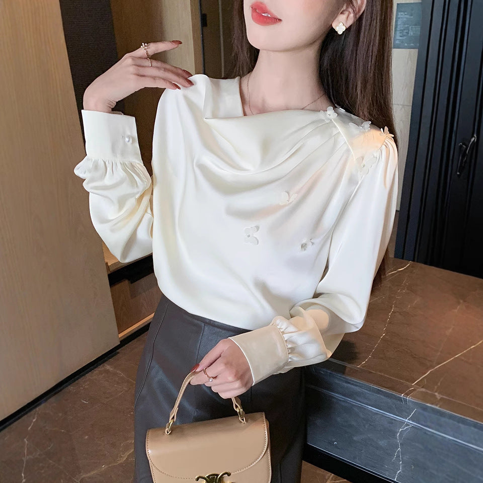 Pleated swinging collar shirt women's 2025 spring and autumn clothing new Korean version temperament beaded long-sleeved casual bottoming top shirt