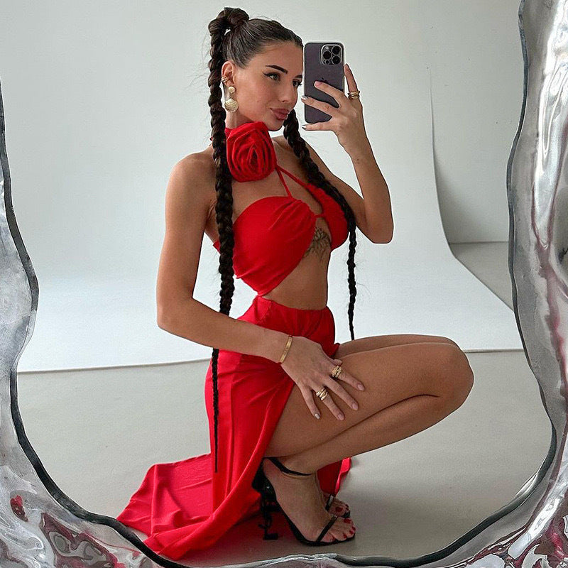 BENPAOLV 2025 Hot trade women's clothing popular spring new tether chest wrap solid color two-piece set sexy split skirt set women